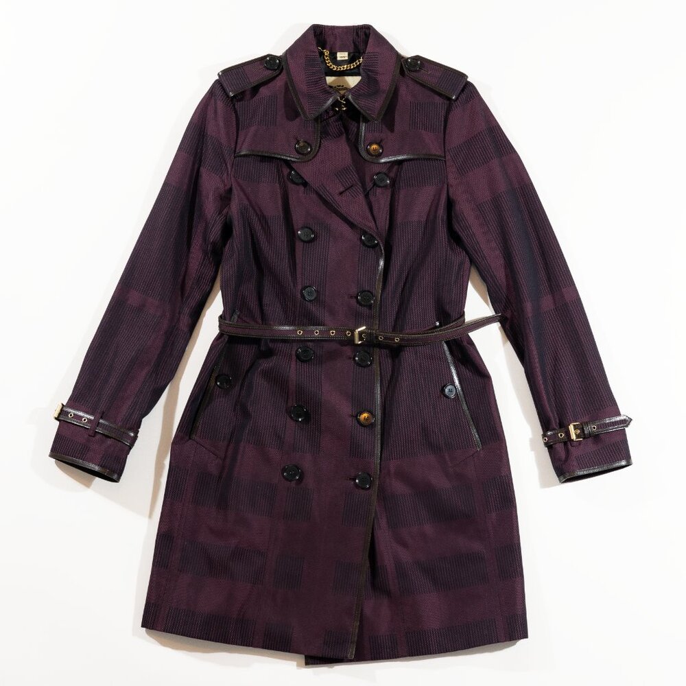 Burberry burgundy long check cotton leather trimmed trench coat